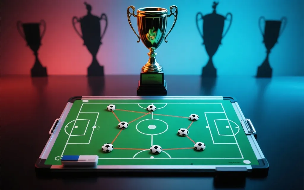 现代足球战术板与世界杯奖杯剪影，高位逼抢与传控路线示意，冷暖对比色