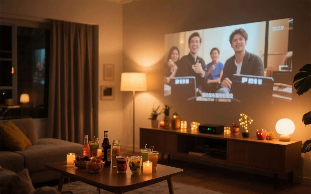 客厅观赛场景，投影画面与桌面零食饮品和小周边，温暖灯光，具有比赛日仪式感