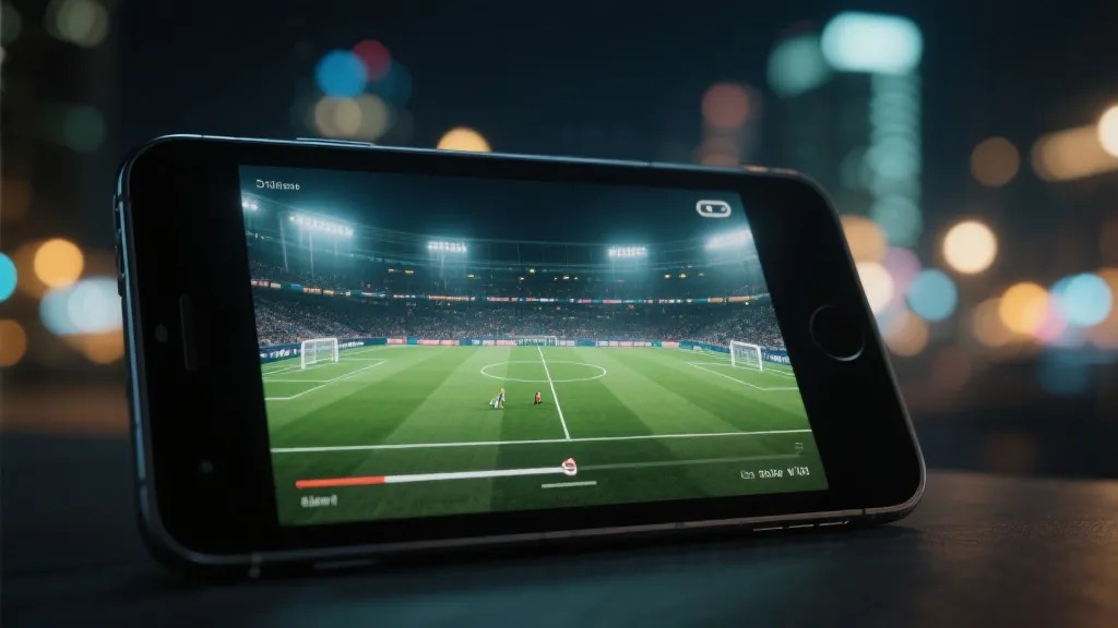 手机与平板观看足球比赛的移动观赛场景，画面清晰，城市夜色背景